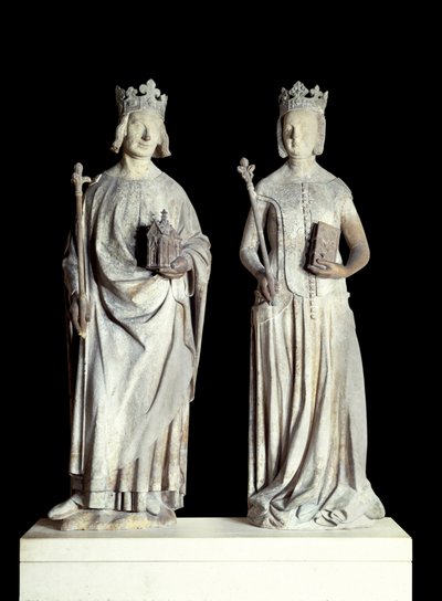 Arte França: Estátuas do Rei de França Carlos V conhecido como Carlos o Sábio (1338-1380) e Rainha de França Jeanne de Bourbon (1337-1378). Escultura em pedra calcária do século XIV. Provavelmente da fachada da entrada oriental do Louvre (decoração de French School