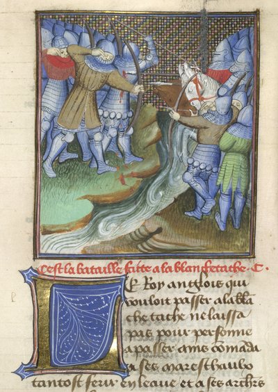 Arundel 67, f.144, soldados medievais lutando, através de um rio, de Chroniques d