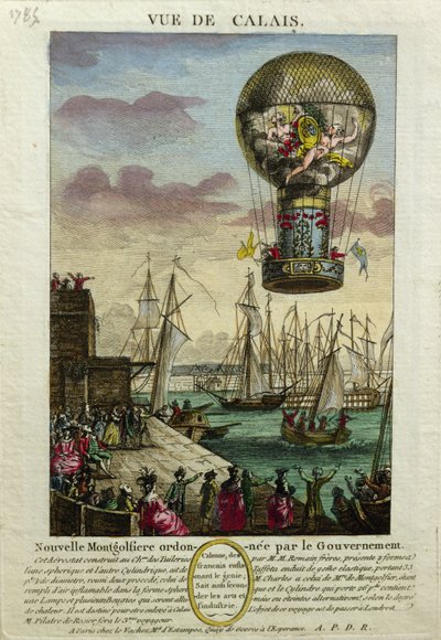 Subida de um balão de ar quente Mongolfiere em Calais em 1785 de French School