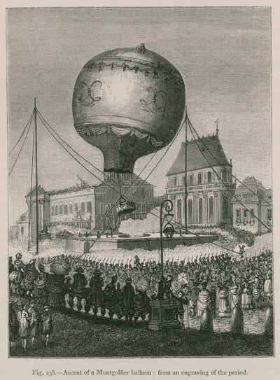 Subida de um Balão Montgolfier; de gravuras do período de French School