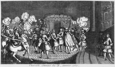 Tentativa de assassinato do rei Luís XV (1710-74) por Robert François Damiens em 5 de janeiro de 1757 de French School