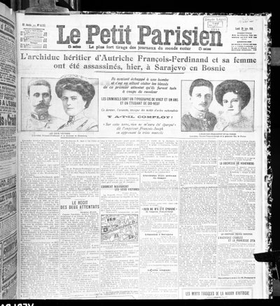 Assassinato do arquiduque Franz Ferdinand da Áustria (1863-1914) e sua esposa, do Le Petit Parisien, 29 de junho de 1914 de French School