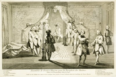 Assembléia dos Maçons Livres para a Iniciação de um Mestre, a entrada do candidato à Loja, das Cerimônias da Religião e Costumes, c.1733 de French School