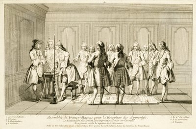 Assembléia dos Maçons Livres para Iniciar um Aprendiz, das Cerimônias da Religião e Costumes, c.1733 de French School