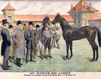 Na coudelaria Jardy nos arredores de Paris (Marnes-la-Coquette). O criador Edmond Blanc mostrando os seus melhores cavalos ao Rei Eduardo VII. O Cavalo Jardy. Apresentação dos principais cavalos de Edmond Blanc a HM Edouard VII (1841-1910). Ilustração para de French School