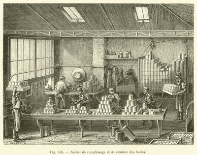 Oficina de enchimento e soldagem de latas (gravura) de French School