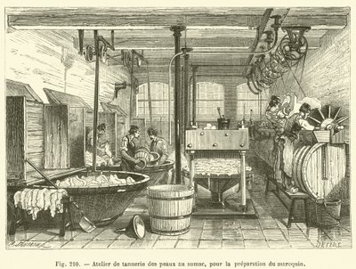 Oficina de curtimento de couro com sumac, para a preparação de artigos de couro (gravura) de French School