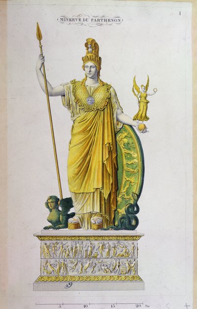 Athena Parthenos, estátua do Parthenon, Atenas (gravura de cor) de French School
