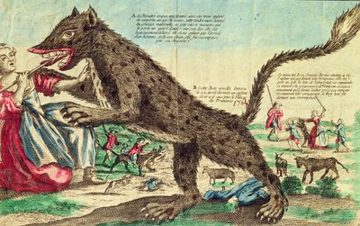 Ataques da besta de Gevaudan em 1764 (gravura a cores) de French School