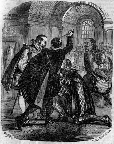 Tentativa de assassinato de Jean Chastel (Jean Chatel) (1575-1594) sobre o Rei de França Henrique IV a 27 de Dezembro de 1594. Gravura do século XIX. de French School