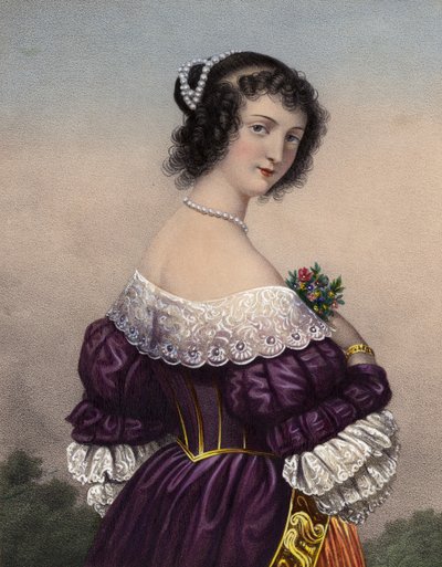 Menina atrativa no vestido roxo com guarnições do laço (litografia colorida) de French School