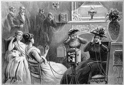 Audição do Theatrophone (audições de teatro em casa) no lounge de um grande hotel em Paris, em 1892. de French School