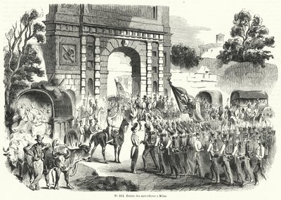 Tropas austríacas entrando em Milão, Itália, 6 de agosto de 1848 (gravura) de French School