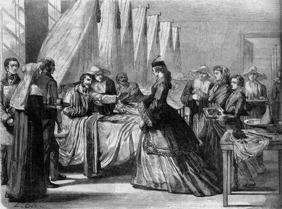 Guerra Austro-Prussiana (1866): Impressiona Elizabeth da Áustria (Sissi) (1837-1898) visita soldados feridos em Viena. Gravura no "Le Monde Illustré" n°486 de 4 de Agosto de French School