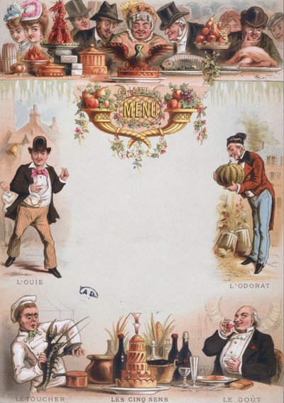 Impressão de fundo para um menu que representa os cinco sentidos, finais do século XIX (cor litho) de French School