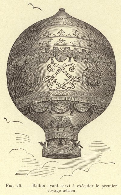 Balão usado para fazer a primeira viagem de avião (gravura) de French School