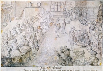 Banquete no Torneio Sandricourt em 1493 (tinta marrom e lápis sobre papel) de French School