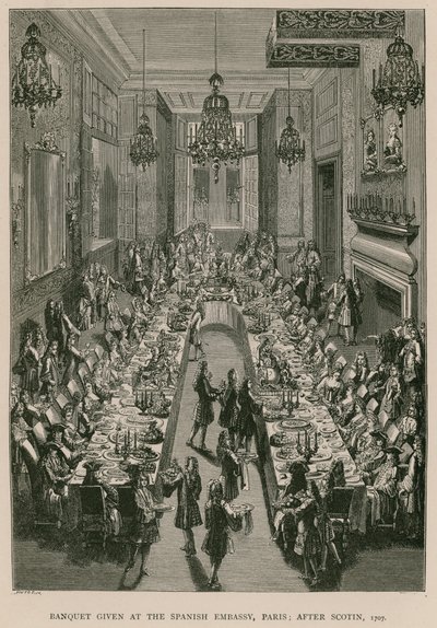 Banquete oferecido na Embaixada da Espanha em Paris; depois de Scotin, 1707 de French School