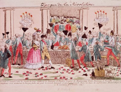 Banquete oferecido em 1 de outubro de 1789, pelos guarda-costas do Rei para saudar a chegada do Regimento da Flandres (gravura) de French School