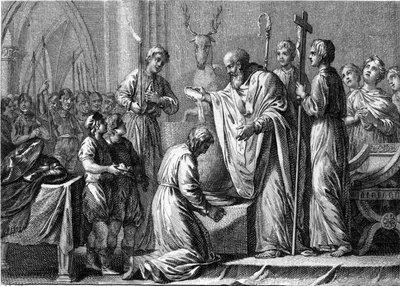 Baptismo de Clovis 1, 25 de Dezembro 496: o rei dos Francos (466-511) é baptizado por São Remi (437-533), eveque de Reims, na igreja de São Martinho. Gravura do século XVIII. de French School