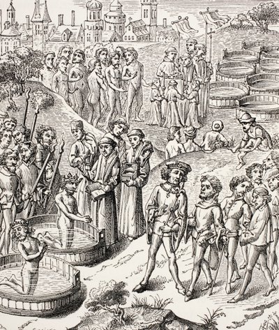 O Batismo dos Saxões conquistado por Carlos Magno, da Vida Militar e Religiosa na Idade Média por Paul Lacroix, publicado em Londres c.1880 de French School