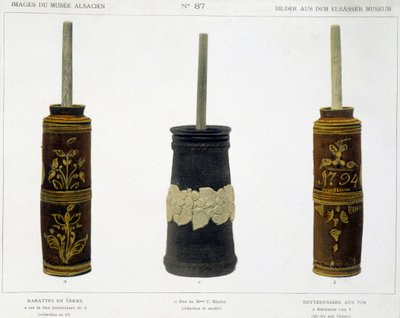 Barattes (para o fabrico de manteiga) em barro trabalhado conservado no Museu Alsaciano, v.1800 de French School