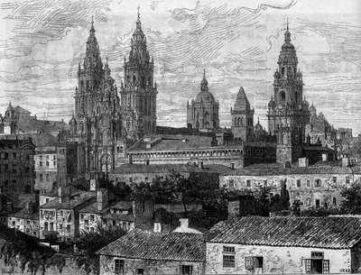 Arte barroca: vista da Catedral de Santiago de Compostela. Espanha. Gravura em "Le Monde Illustré" n°1220 de 14 de Agosto de 1880. de French School