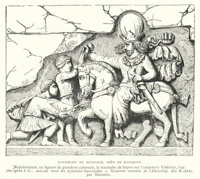 Bas-relevo perto de Kazerun, Irão, retratando a vitória do rei sasaniano Shapur I sobre o Imperador Romano Valerian na Batalha de Edessa, 260 (gravura) de French School