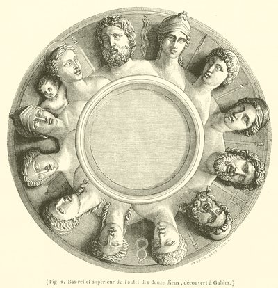 Baixo-relevo superior do altar dos doze deuses, descoberto em Gabies (gravura) de French School