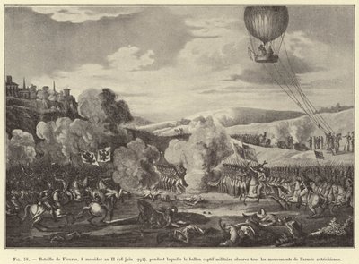 Batalha de Fleurus, 8 messidor ano II (26 de Junho de 1794), durante a qual o balão militar cativo observa todos os movimentos do exército austríaco (gravura) de French School
