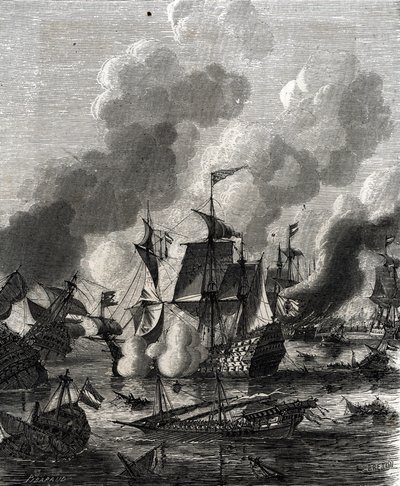 A Batalha de Lagos foi uma batalha marítima durante a Guerra dos Nove Anos em 27 de Junho de 1693 (gravura) de French School
