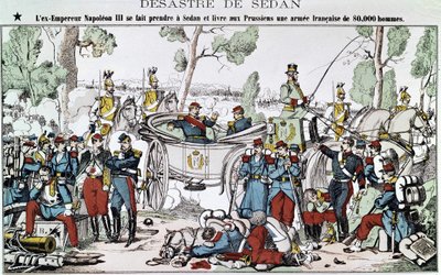 Batalha de Sedan, em 1870. O antigo Imperador Napoleão III é apanhado em Sedan e entrega aos prussianos um exército francês de 80.000 homens, imagem de uma espinha dorsal. de French School