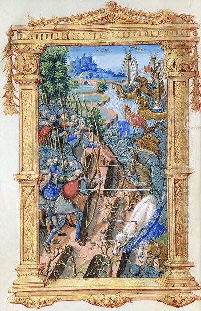 Cena de batalha entre arqueiros e cavalaria, com castelo e navios, c.1495-1500 de French School