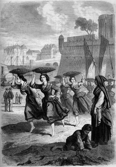 Comerciantes de sardinha Bayonne que vão a Biarritz, Pirenéus Atlânticos (64) de French School