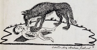 Besta rasgou uma criança (besta do Gévaudan) - gravura em madeira publicada em Mende (Archives du Puy-de-Dôme) de French School