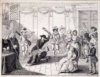 Beaumarchais a ser chicoteado em Saint Lazare - cena de um processo de Beaumarchais, segurando na mão a brochura da Folle journee - de um quadro da Comedie Francaise, gravura de French School