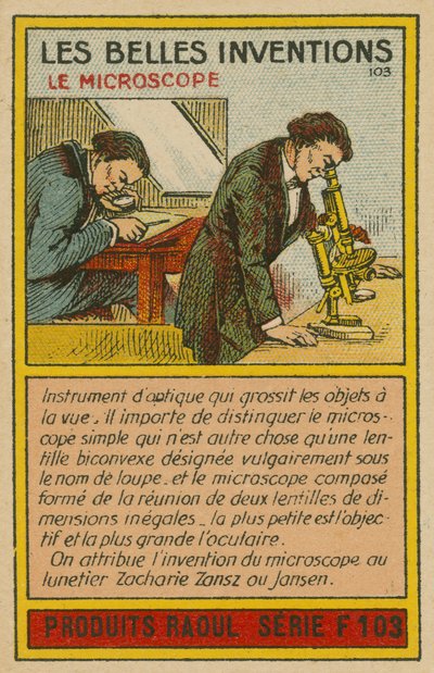 Cartão bonito invenções, microscópio de French School