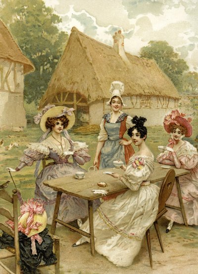 Mulheres ricas bonitas que tomam o chá em uma exploração agrícola. de French School