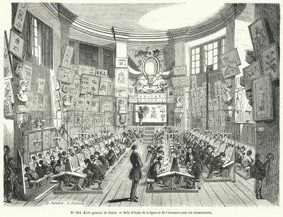 Aulas para principiantes numa escola de desenho gratuita, França (gravura) de French School