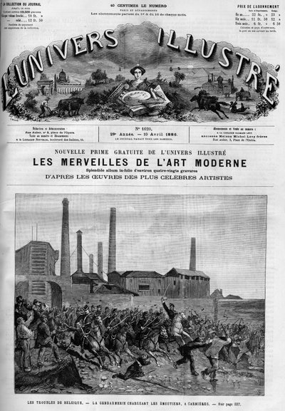 Greve dos trabalhadores belgas: a polícia a carregar os cavaleiros em Carnieres. Um jornal. Gravação no "Le Monde Illustré". de French School
