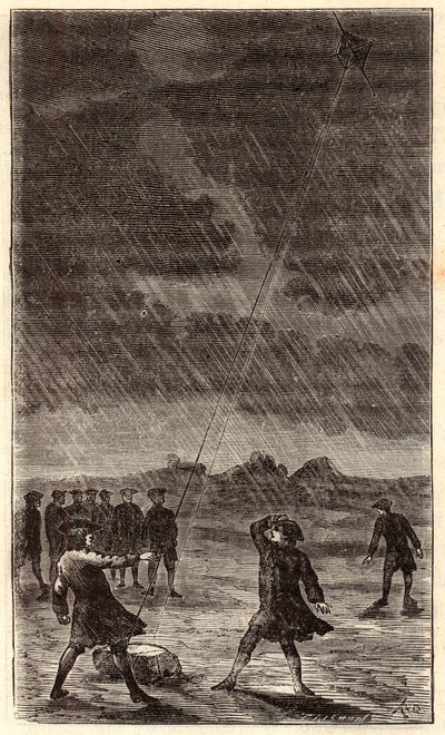 Experiência de Benjamin Franklin com relâmpagos - Experiência de Benjamin Franklin (1706-1790) voando um cervo voador para demonstrar a natureza elétrica dos relâmpagos. Gravura colorida do século XIX. Gravura em "Ciências disponibilizadas a todos - física de French School