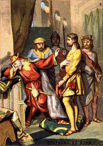 Bertran (Bertrand) de Born (1140 - 1215) troubadour perigordin, senhor de Hautefort, antes de Henrique II (1133 - 1189) da Inglaterra. Cromolitografia da série "Educação Patriótica pela Imagem". de French School