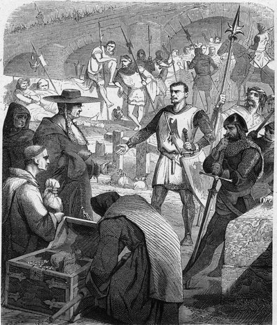 Bertrand du Guesclin (Duguesclin) (v.1320-1380) connetable da França recusando-se a receber dinheiro dos habitantes de Avignon. Gravura em "Histoire De France En Cent Paintings de Paul Lehugeur "1891. de French School