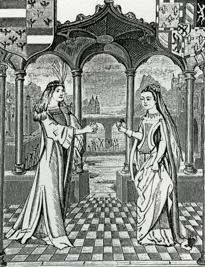 Betrothel de Maximiliano I e Maria, Duquesa da Borgonha em 1477, depois de uma imagem nas Chroniques de Flandre de French School