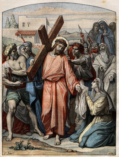 Cena Bíblica - Via Sacra: Jesus tem o seu rosto apagado por Santa Verónica. Gravura em "Le Pelerin" de 20 de Setembro de 1896. de French School