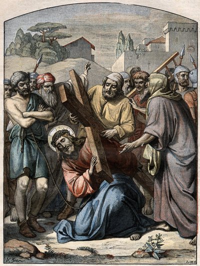 Cena Bíblica - Via Sacra: Jesus ajuda por Simão de Cirene (o Cireneu). Gravura em "Le Pelerin" de 13 de Setembro de 1896. de French School