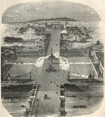 Vista aérea da Place de la Concorde, rue Royale com a igreja da Madeleine - Gravura em "Tableau-de-Paris" de Edmond Texier 1852 de French School