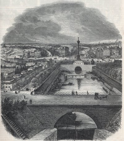 Vista aérea do Canal Saint-Martin (Saint Martin), do Lugar e do bairro da Bastilha, da margem direita do Sena - Gravura em "Tableau-de-Paris" de Edmond Texier 1852 de French School