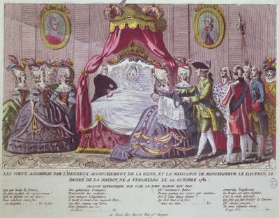 Nascimento do Grand Dauphin, Louis Joseph (1781-1789) (gravura a cores) de French School
