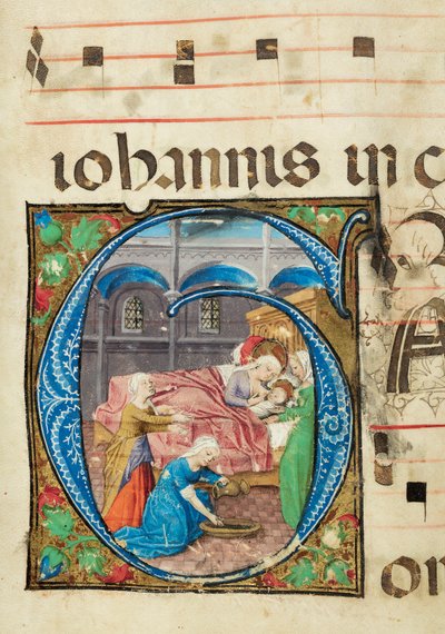 Nascimento da Virgem, Gradual, f.76 (tinta, têmpera e folha de ouro em pergaminho) de French School